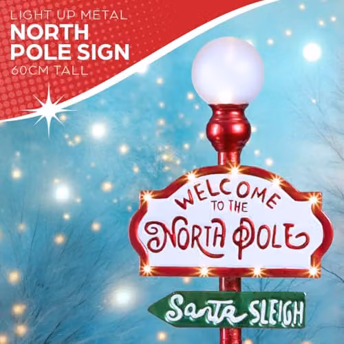 The Christmas Workshop Welcome to the North Pole LED Sign with 11 Warm White Lights, Red and White, W: 60 cm, H: 21 cm, D: 12 cm – 3