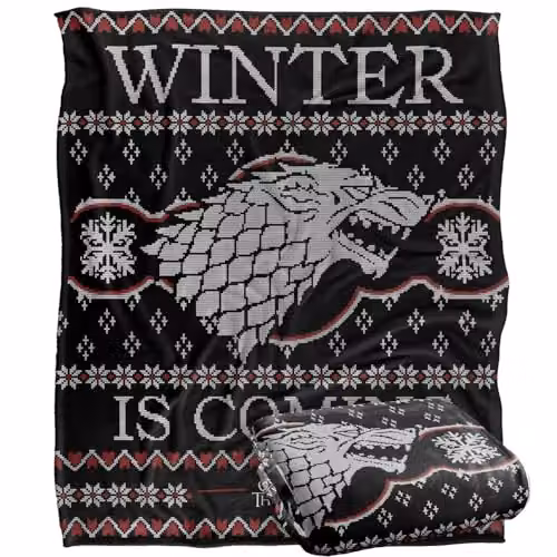 LOGOVISION Game of Thrones Winter is Coming Ugly Christmas Sweater Throw Blanket, W/D/H: 152 x 127 cm, White/Multicolour – 1