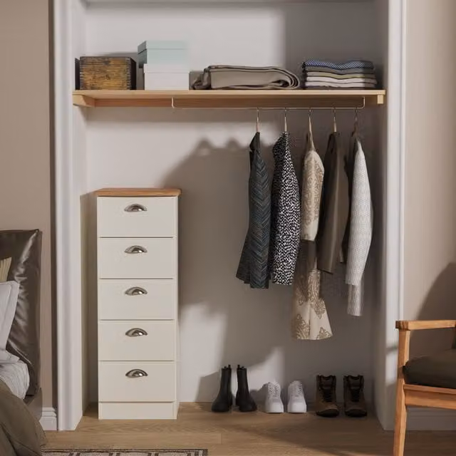 Victoria Ready Assembled 5 Drawer Bedside Cabinet in Cream Ash and Riviera Oak