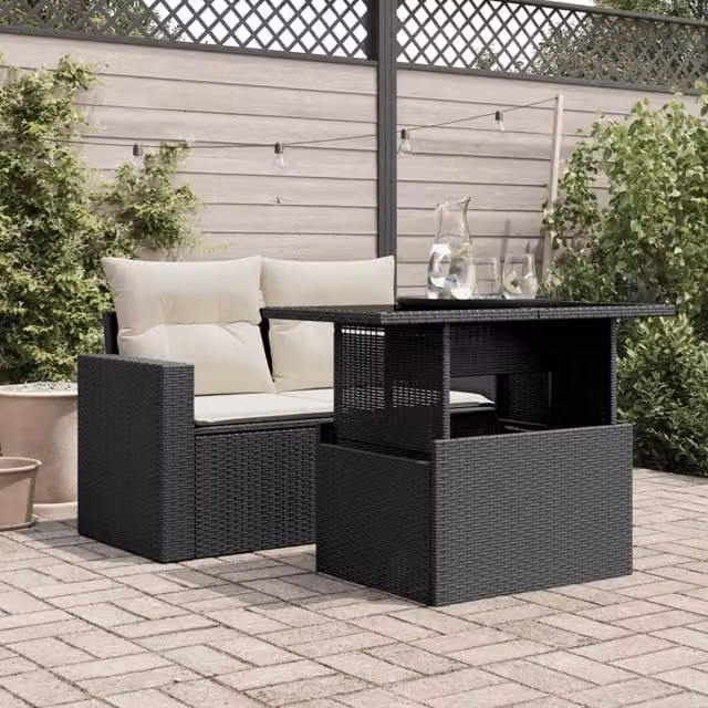 Berkfield Home Rectangular Garden Table with Glass Top in Black Poly Rattan, W/D/H: 100 x 55 x 73 cm
