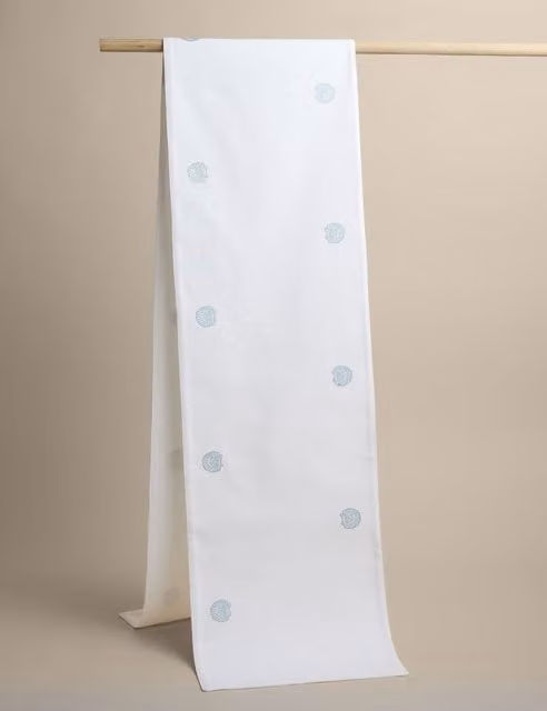 M&S Pure Cotton Shell Embroidered Table Runner in Blue and White Maritime Floral Design