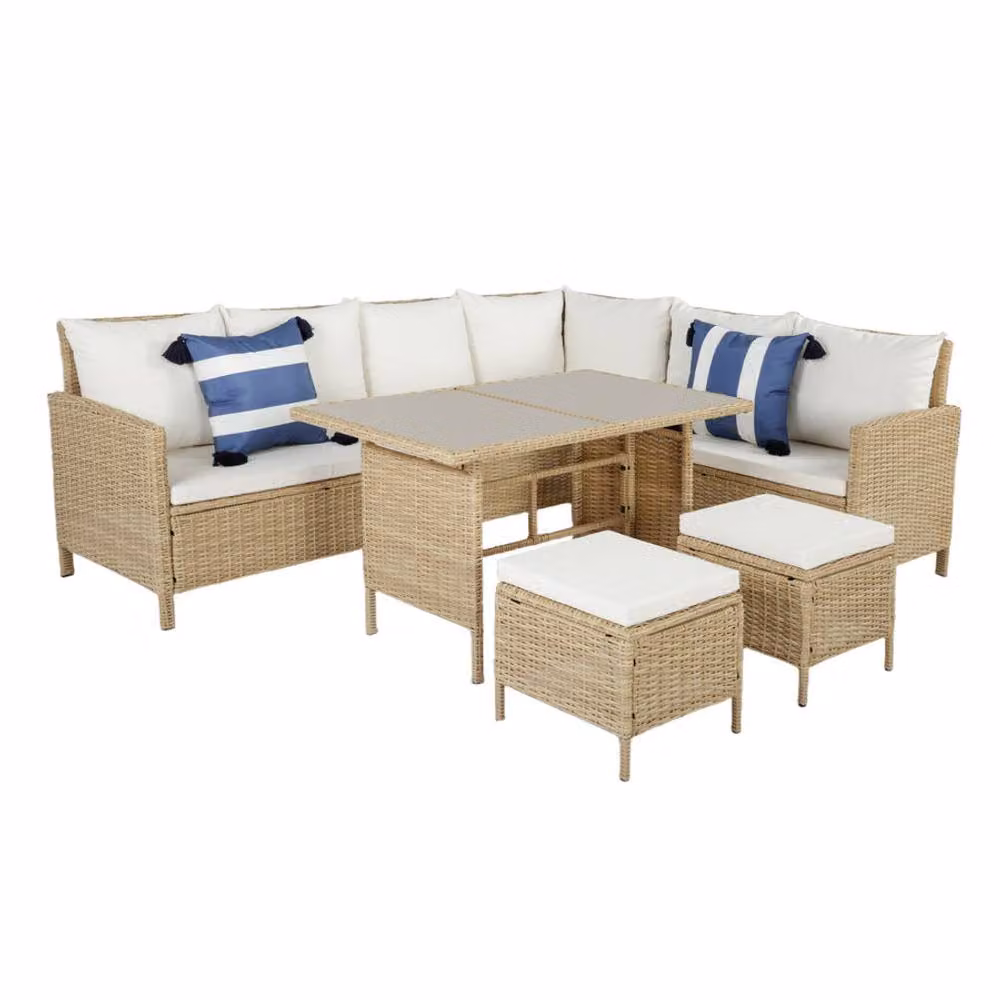 Home Garden Direct Thalia 8 Seater Rattan Corner Sofa and Glass Table Set in Natural with Beige and White Cushions – 2