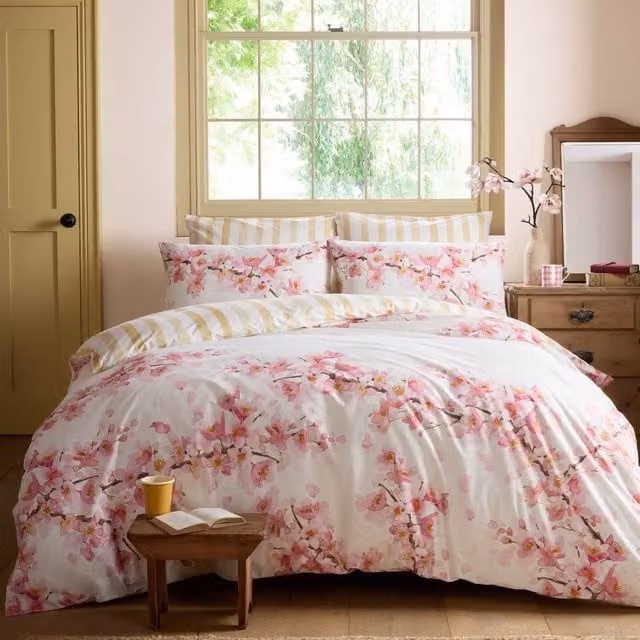 Bluebellgray Cherry Blossom Floral Cotton Percale Duvet Cover Bedding Set in Pink and Yellow