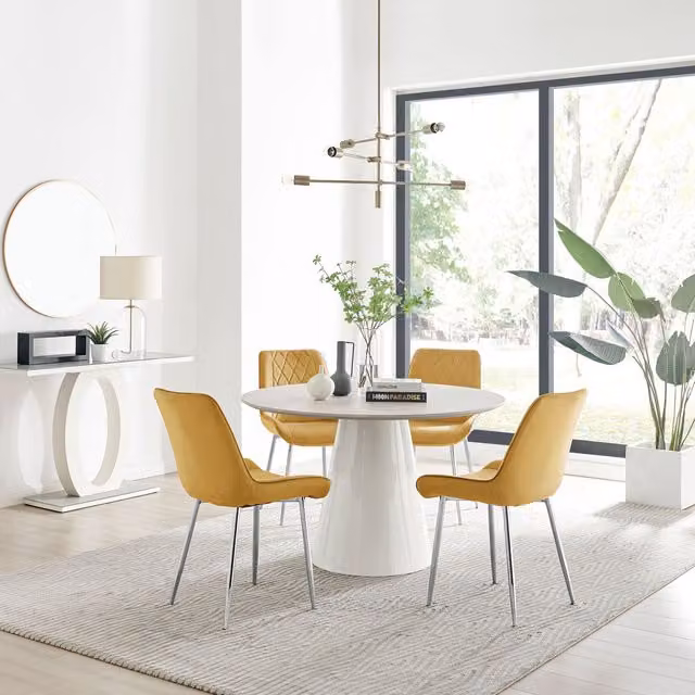 Furniturebox Palma Beige Stone Effect Round Dining Table and 4 Pesaro Silver Chairs in Mustard