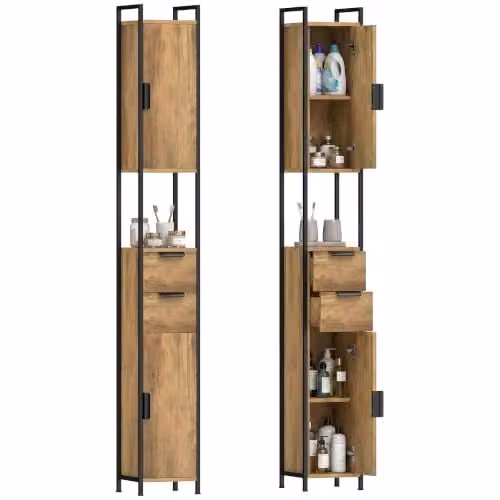 HOMCOM Industrial Freestanding Bathroom Cabinet with Soft-Close Doors, Internal Drawers and Shelves, Brown and Black, H 180 x W 25 x D 25 cm