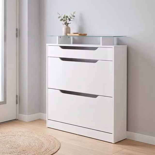 STILVORA Modern White Shoe Storage Cabinet with Tilting Compartments and Drawer, W/D/H: 89 x 23 x 96 cm – 1