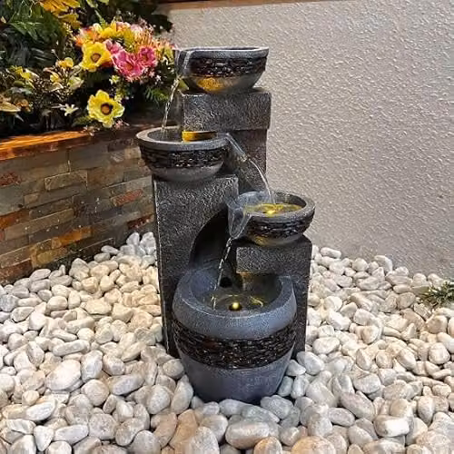 Tranquility 4 Pebble Bowls Solar Powered Cascade Water Feature, Natural Grey Resin Tabletop Design – 2