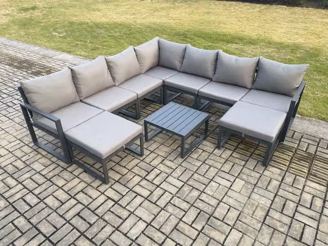 Fimous Dark Grey Powder Coated Aluminium L-Shape Garden Furniture Set with Corner Sofa, Square Coffee Table and 2 Ottomans