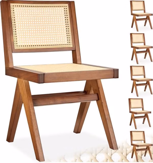TECTAKE Mid-Century Accent Chair with Rattan Backrest and Solid Oak Wood Frame in Black and Brown