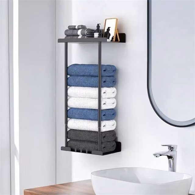 Nordara Wall Mounted Black Metal Bathroom Towel Holder Rack with Shelf and Hooks – 1