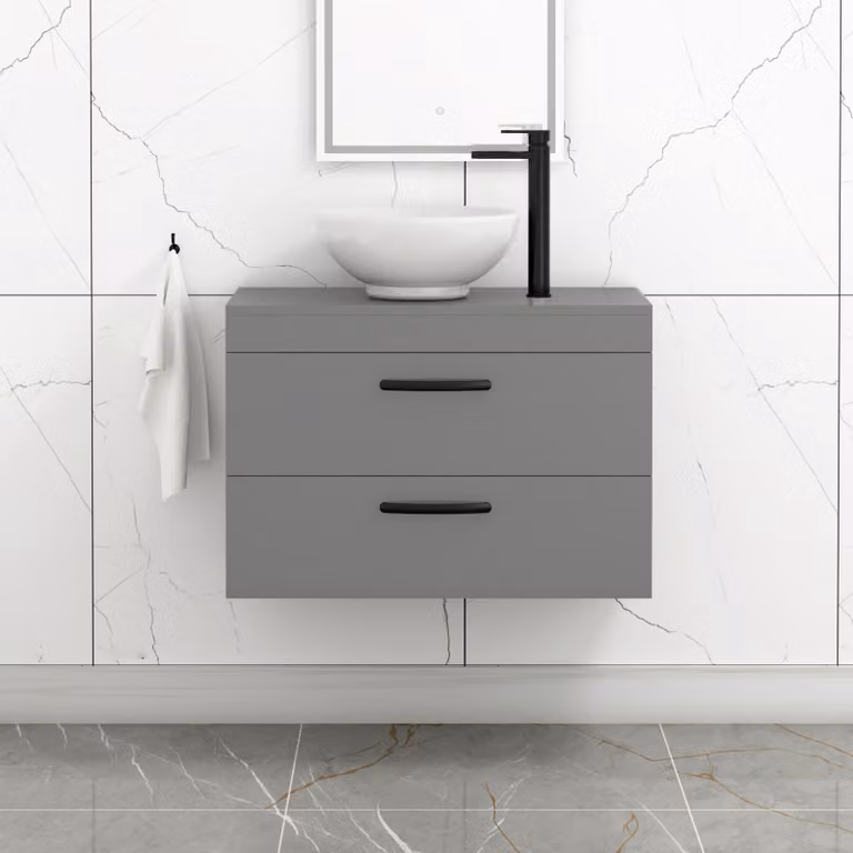 Royal Bathrooms 800mm Wall Hung Vanity Unit with 2 Drawers in Indigo Grey Gloss and Breeze Countertop Basin with Matt Black Handle