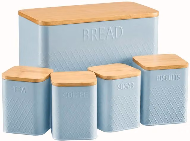 Cooks Professional 5 Piece Embossed Metal Kitchen Storage Canister Set with Bamboo Lids in Blue