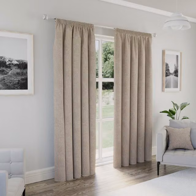 Enhanced Living Dallas Natural Blackout Pencil Pleat Curtains, Thermal Insulating, Beige and Brown, Height: 183 cm