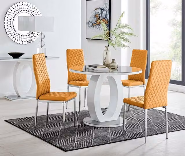 FurnitureboxUK Giovani Round 4 Seat Dining Set with Grey Glass Top White High Gloss Halo Base Table and 4 Silver Leg Milan Soft Faux Leather Chairs, Diameter: 100 cm – 1
