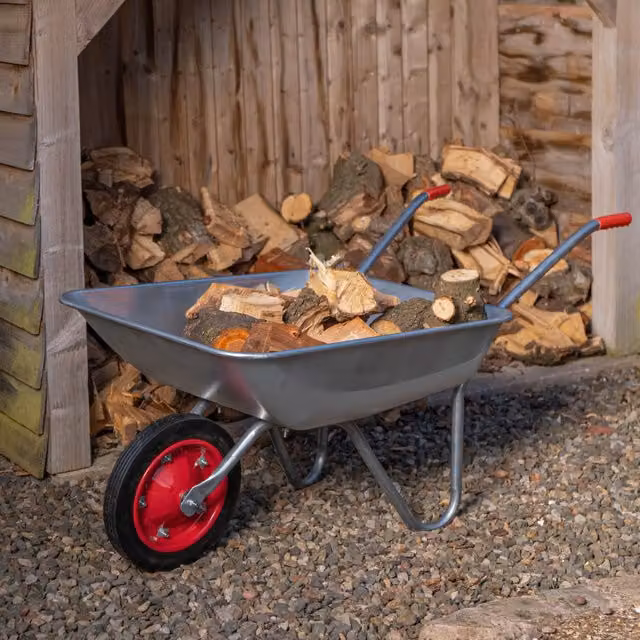 Samuel Alexander Heavy Duty Galvanised Metal Garden Wheelbarrow with Solid Puncture Proof Tyre, Silver, 65 Litre, 60kg Capacity – 1