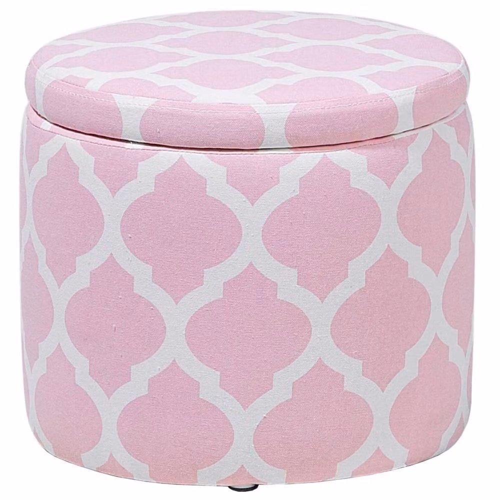 Wyld and Coco Pink and White Round Chevron Cotton Upholstered Storage Footstool – 1