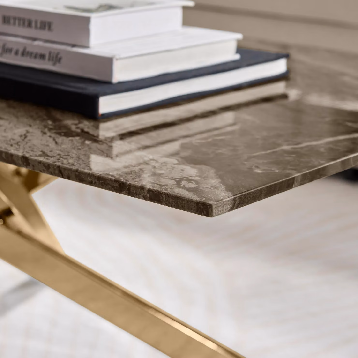 FurnitureboxUK Leonardo Rectangular Marble Effect Glass Top Coffee Table with Gold Metal Starburst Legs in Grey – 3