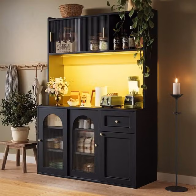 Merax Black Kitchen Pantry Cabinet with LED Light, Hutch and Worktop, W/D/H: 120 x 35 x 167 cm