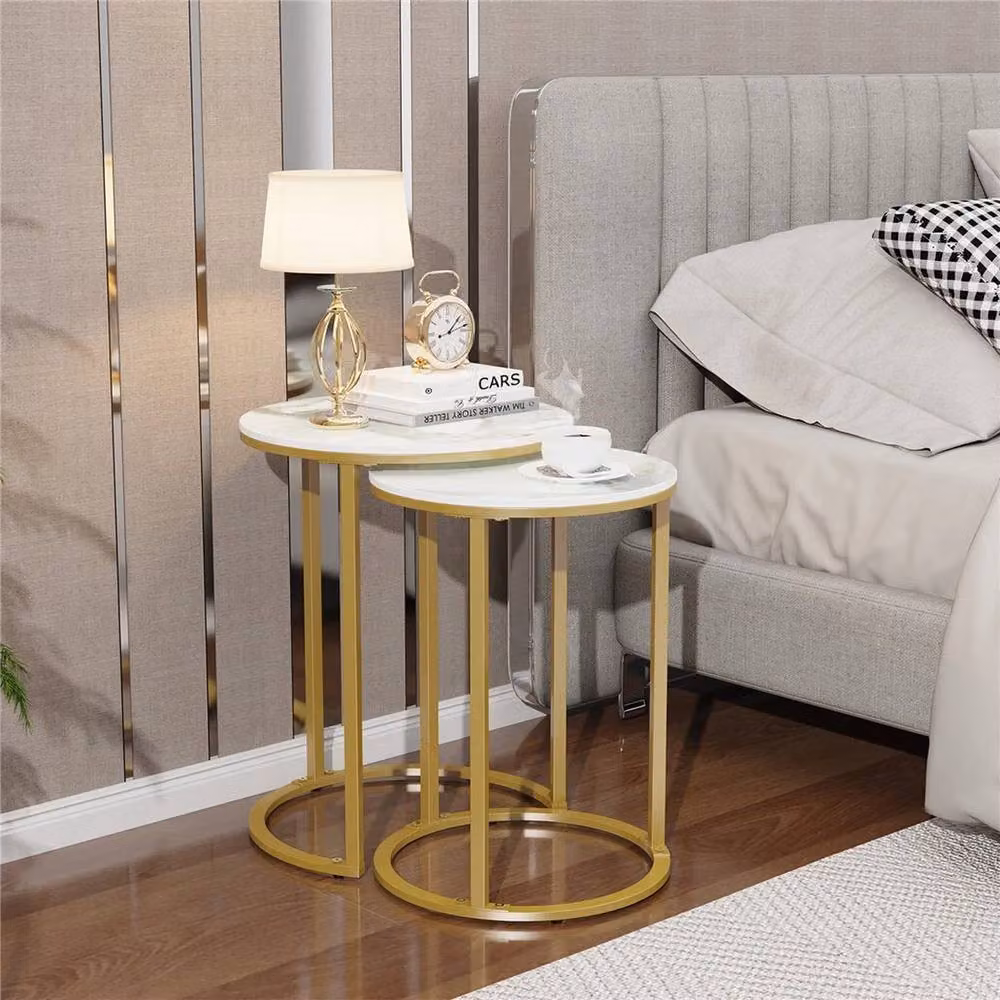 Kelvenix Set of 2 Round Nesting Tables with White Marble Tops and Gold Metal Legs – 3