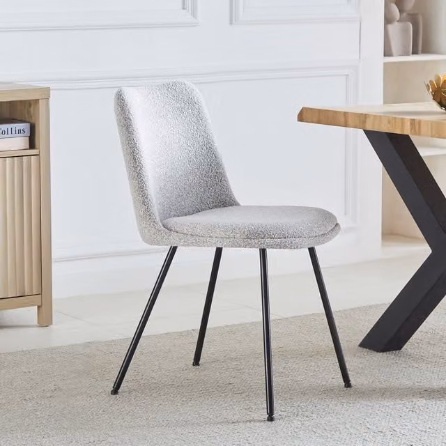 Artemis Home Set of 2 Lecce Scandinavian Dining Chairs in Beige Bouclé Fabric with Black Metal Legs