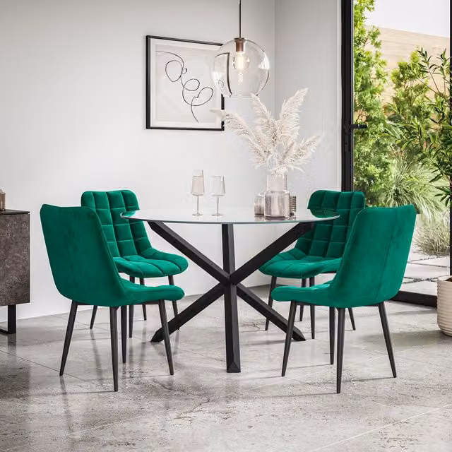 More4Homes Malvern Round Dining Table and Set of 4 Nova Green Velvet Chairs with Clear Glass Top and Black Oak Legs