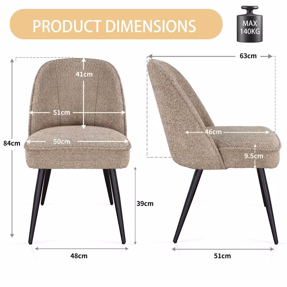 SONARA Set of 2 Modern Bouclé Fabric Dining Chairs with Metal Legs in Khaki – 2