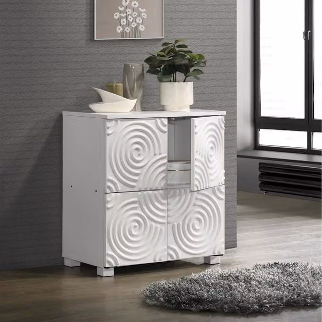 Timber Art Design Modern 4 Door White Wood Storage Cabinet with Abstract Swirl Pattern, W/D/H: 160 x 35 x 66.4 cm