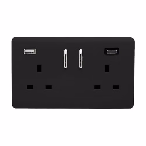Trendi 2 Gang USB Type A and C Modern Designer Plug Socket in Piano Black – 1