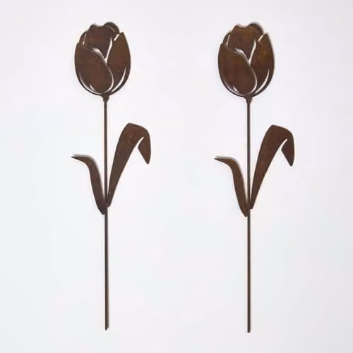 HOMESCAPES Set of 2 Rustic Brown Metal Tulip Garden Stakes, 37 cm