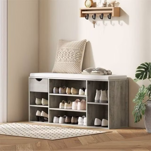 EONLION Grey Adjustable Shoe Storage Bench with Back Panel
