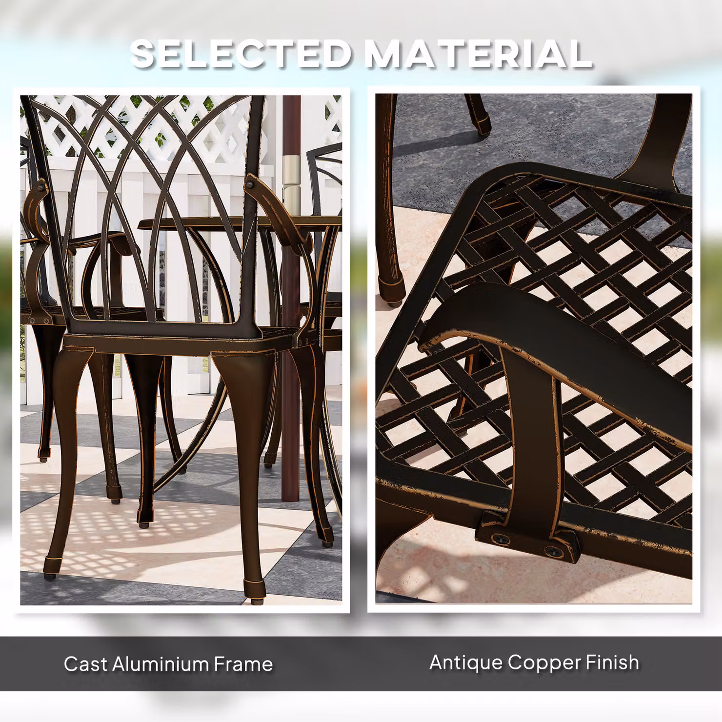 Outsunny 5 Piece Garden Dining Set in Bronze Tone, Cast Aluminium Outdoor Set with 4 Armchairs and Round Dining Table with Parasol Hole – 7