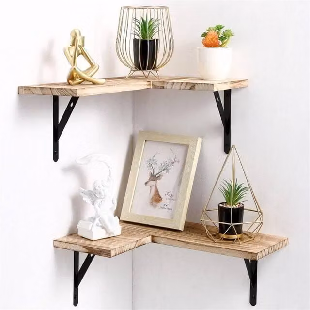 Nordara Yellow 4-Piece Natural Wooden Corner Floating Shelves, Wall Mounted, W: 120 cm, D: 80 cm – 1