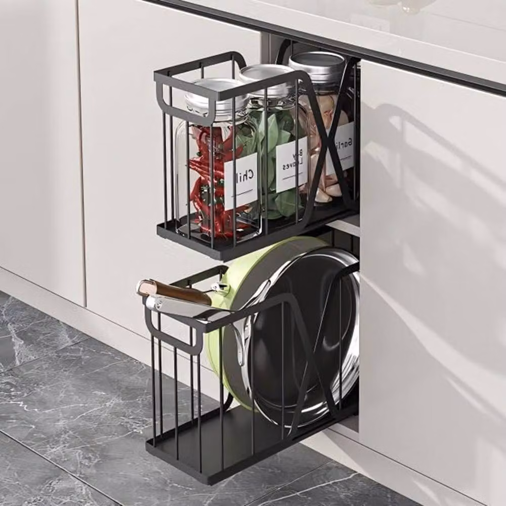 London Boutique 2-Pack Black Carbon Steel Pull Out Cabinet Organiser and Sliding Kitchen Storage Shelf – 3