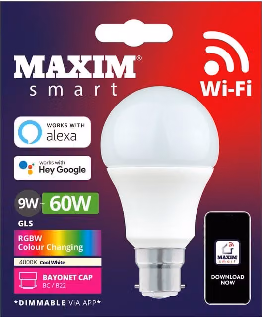 Maxim Smart LED A60 GLS RGBW B22 Bulb in Pearl with Multicolour and White options