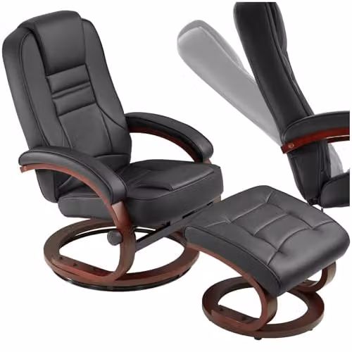 tectake Swivel Recliner Chair with Ottoman and Synthetic Leather Cover in Black and Brown – 1