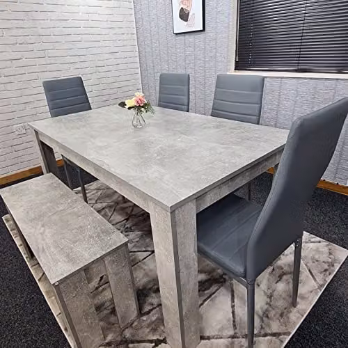 Kosy Koala Grey Stone Effect Dining Table Set with 4 Grey Faux Leather Chairs and 1 Bench, W/D/H: 140 x 80 x 75 cm – 2