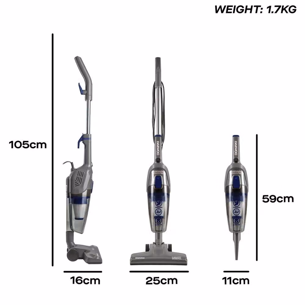 Daewoo Tornado Essential 600W 2-in-1 Bagless Corded Stick Vacuum Cleaner in Grey with HEPA and Washable Filter – 3