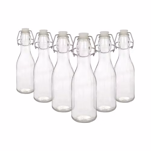 Argon Tableware Pack of 6 Reusable Glass Bottles with Swing Top Lids, 250 ml, Transparent