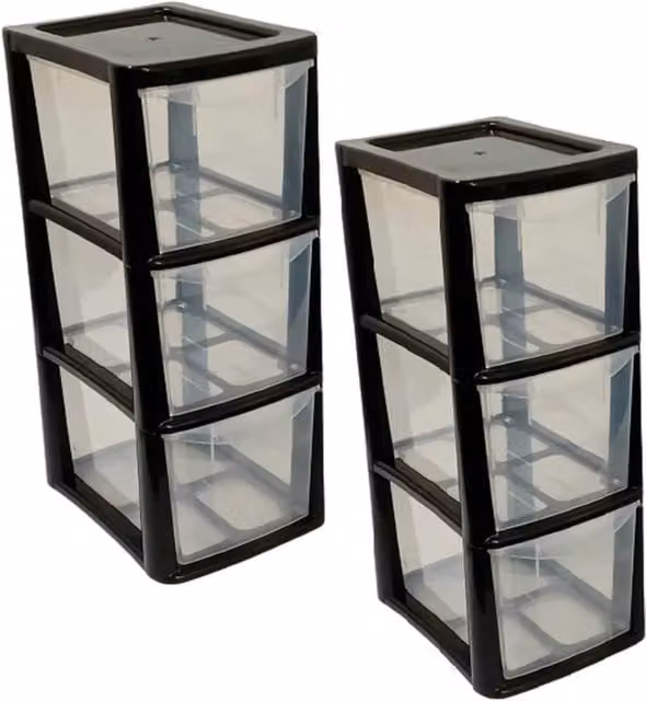 FORGEVIO 2 x 3 Tier Plastic Storage Drawers in Black, Width: 50 cm