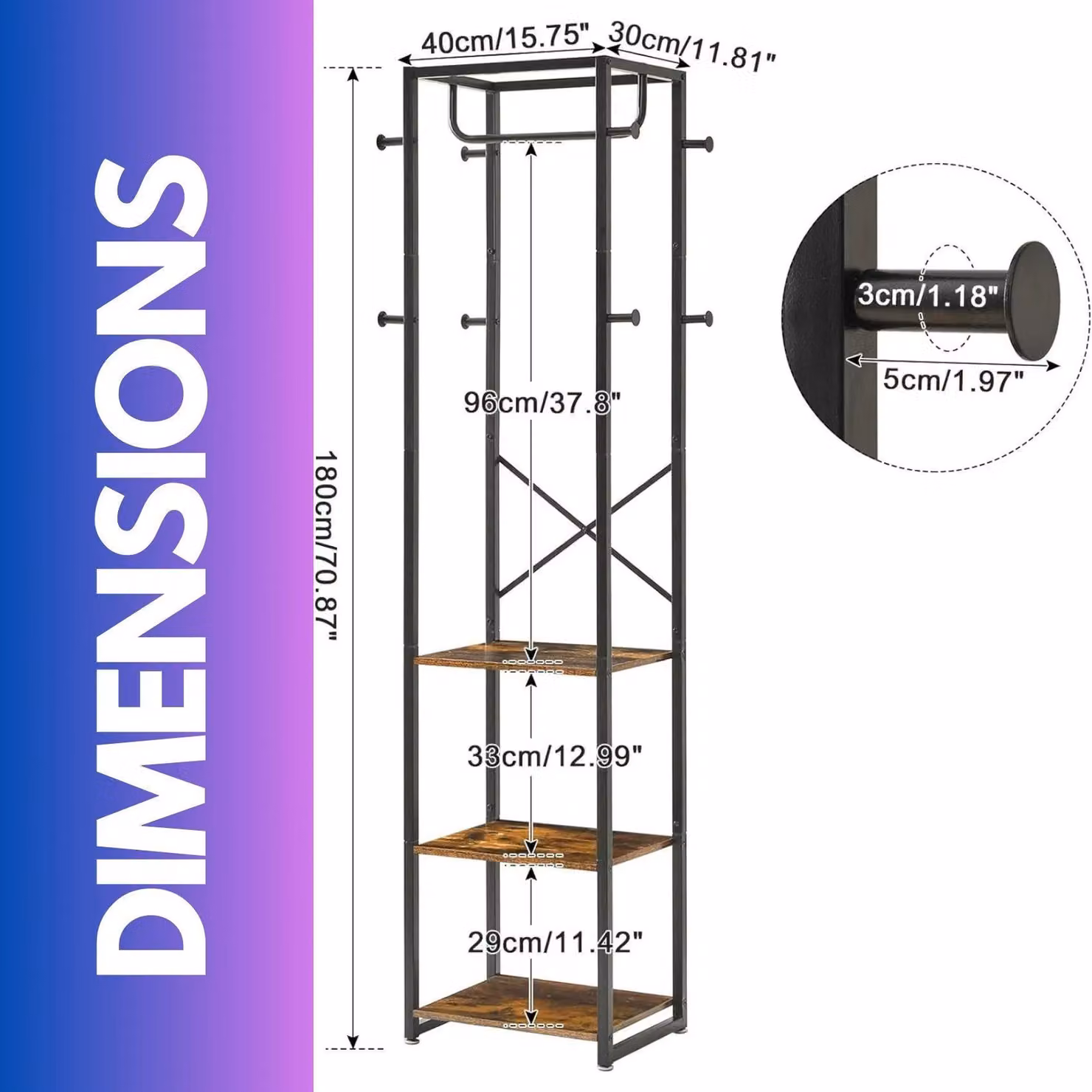 FURNOS Industrial Hall Tree with Bench, 3 Shelves and 8 Hooks in Brown – 2