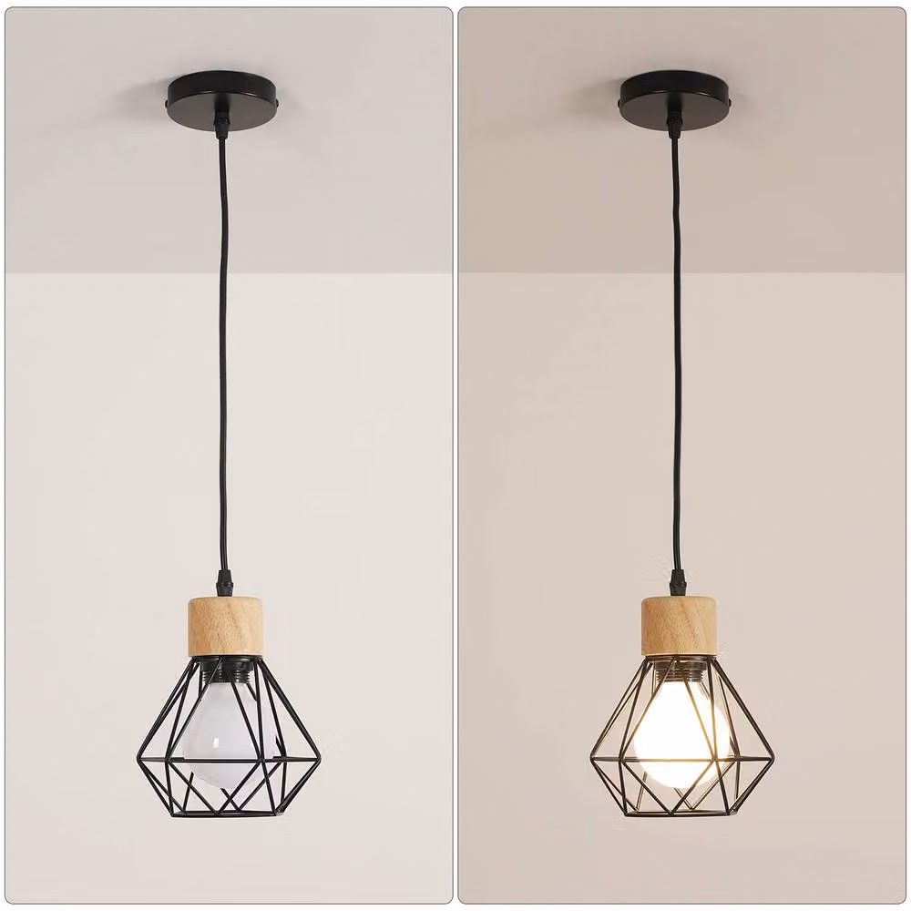 Goeco Industrial Retro Pendant Light in Black Metal and Wood with Adjustable Height and E27 Socket – 4