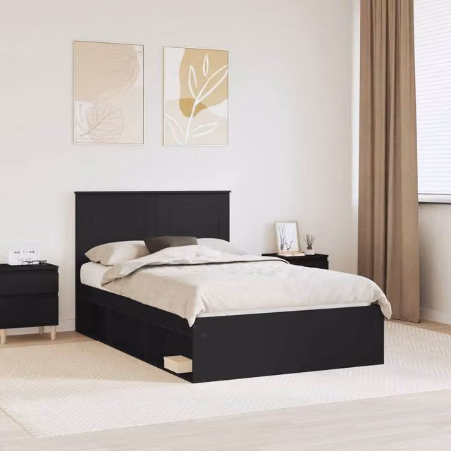 Berkfield Home Modern Bed Frame with Headboard in Black Solid Pine Wood, W/D/H: 120 x 200 cm