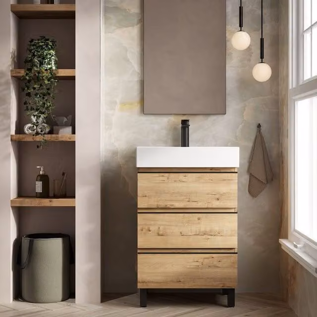 Banyetti Vatilla 600mm Floorstanding Vanity Unit with Veneto 1 Tap Hole Basin in Ostippo Light Oak, W/D/H: 60 x 45 x 84 cm – 1
