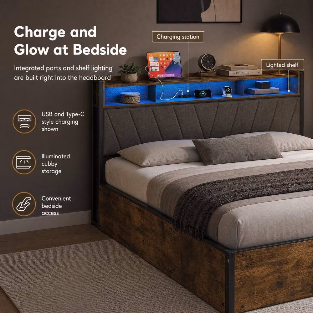 STILVORA King Size Ottoman Bed with LED Lighting, USB Charging Ports and Underbed Storage, Multicolour Fabric and Wood Construction, W/D/H: 180 x 200 x 109 cm – 4