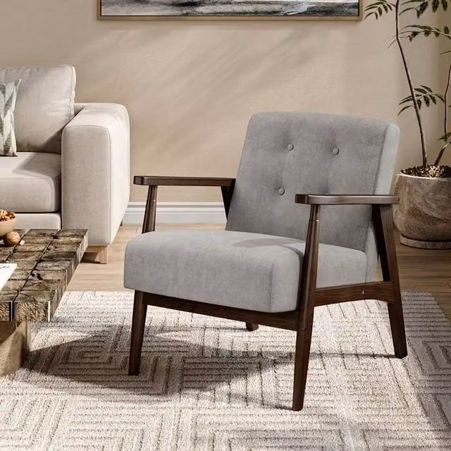 Livingandhome Retro Fabric Upholstered Armchair with Solid Wood Frame and Button Detailing in Brown or Grey, Height: 69 cm