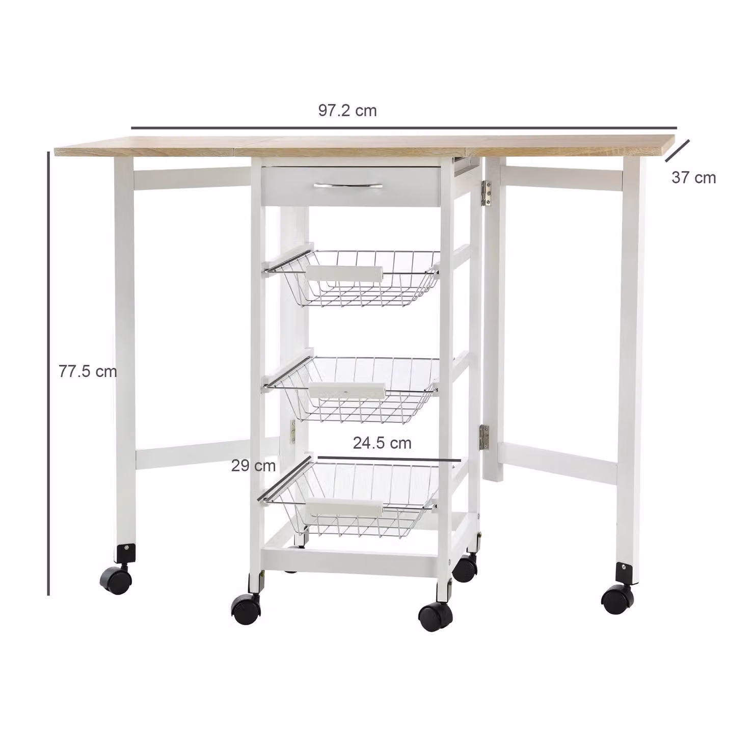 HOMCOM White Drop Leaf Kitchen Trolley with 3 Baskets, Drawer and 6 Wheels – 2