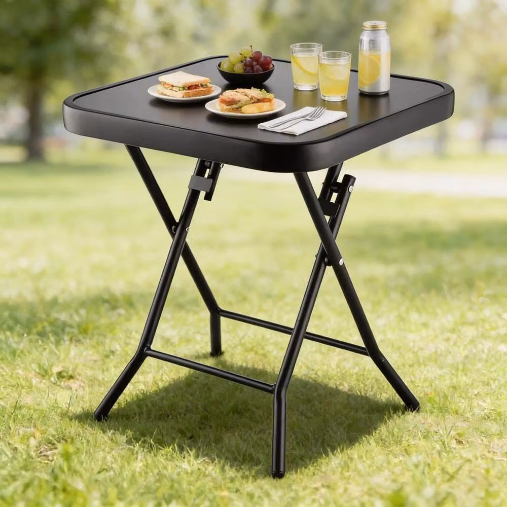 Kelvenix Folding Side Table with Black Glass Top and Metal Frame – 2