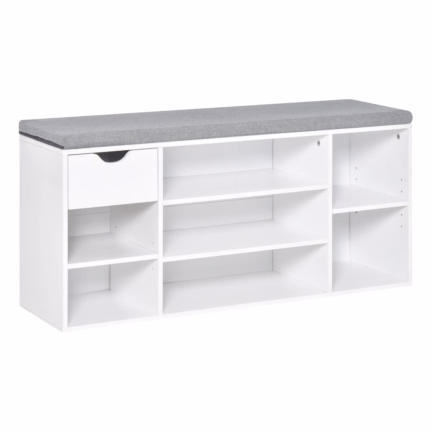 HOMCOM Modern Shoe Storage Bench with Fabric Cushion and 7 Compartments featuring Adjustable Shelves in White and Grey – 2