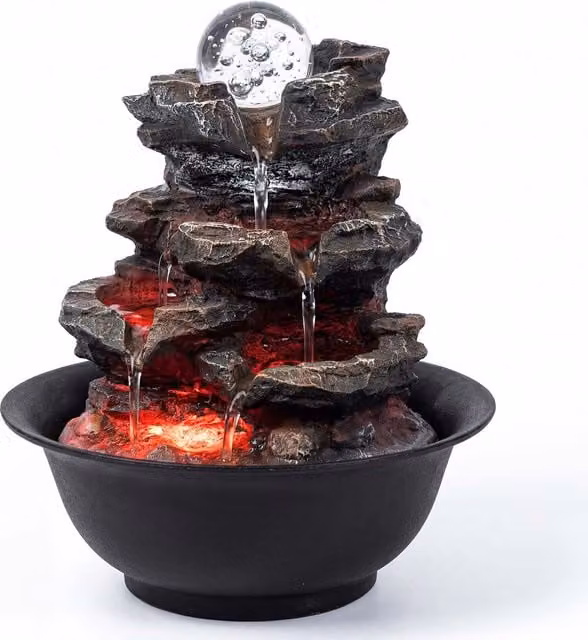 Spector Tabletop Water Feature Fountain with LED Glass Ball in Brown
