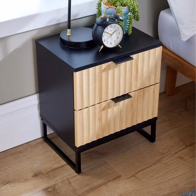 Home Source Hempton 2 Drawer Bedside Table in Sand and Black